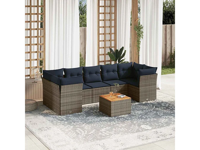 Salon de jardin 8 pcs avec coussins gris résine tressée