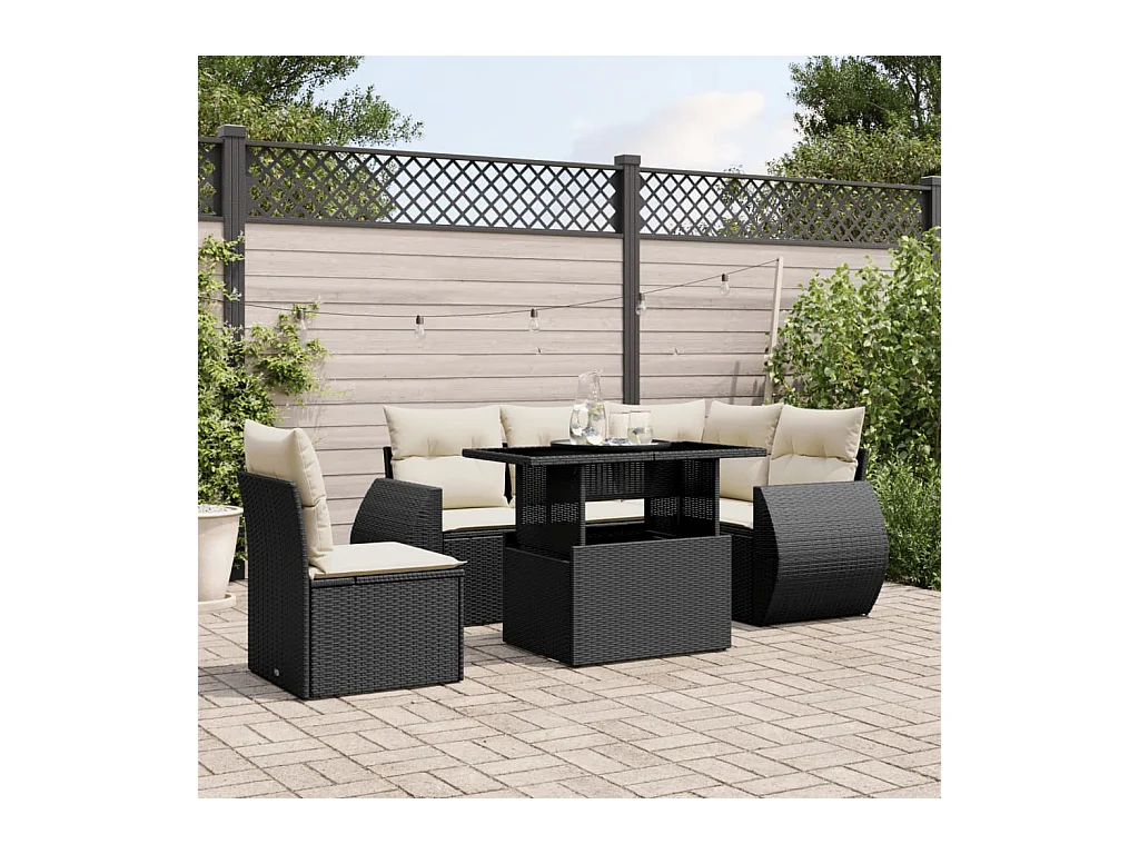 Salon de jardin 6 pcs avec coussins noir résine tressée