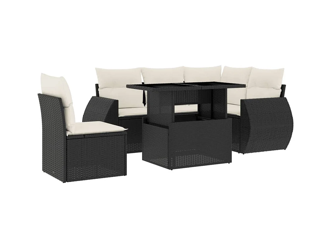 Salon de jardin 6 pcs avec coussins noir résine tressée