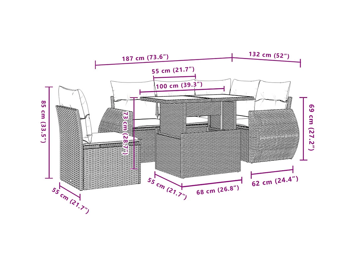 Salon de jardin 6 pcs avec coussins noir résine tressée