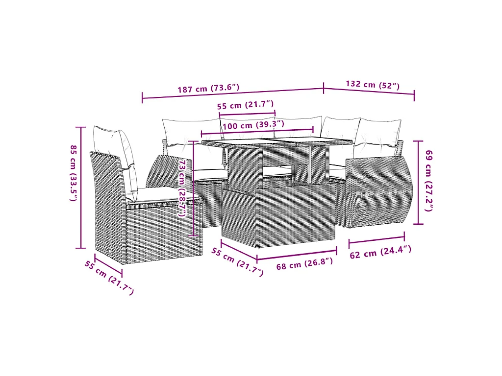 Set Divano da Giardino 6 pz con Cuscini Nero in Polyrattan