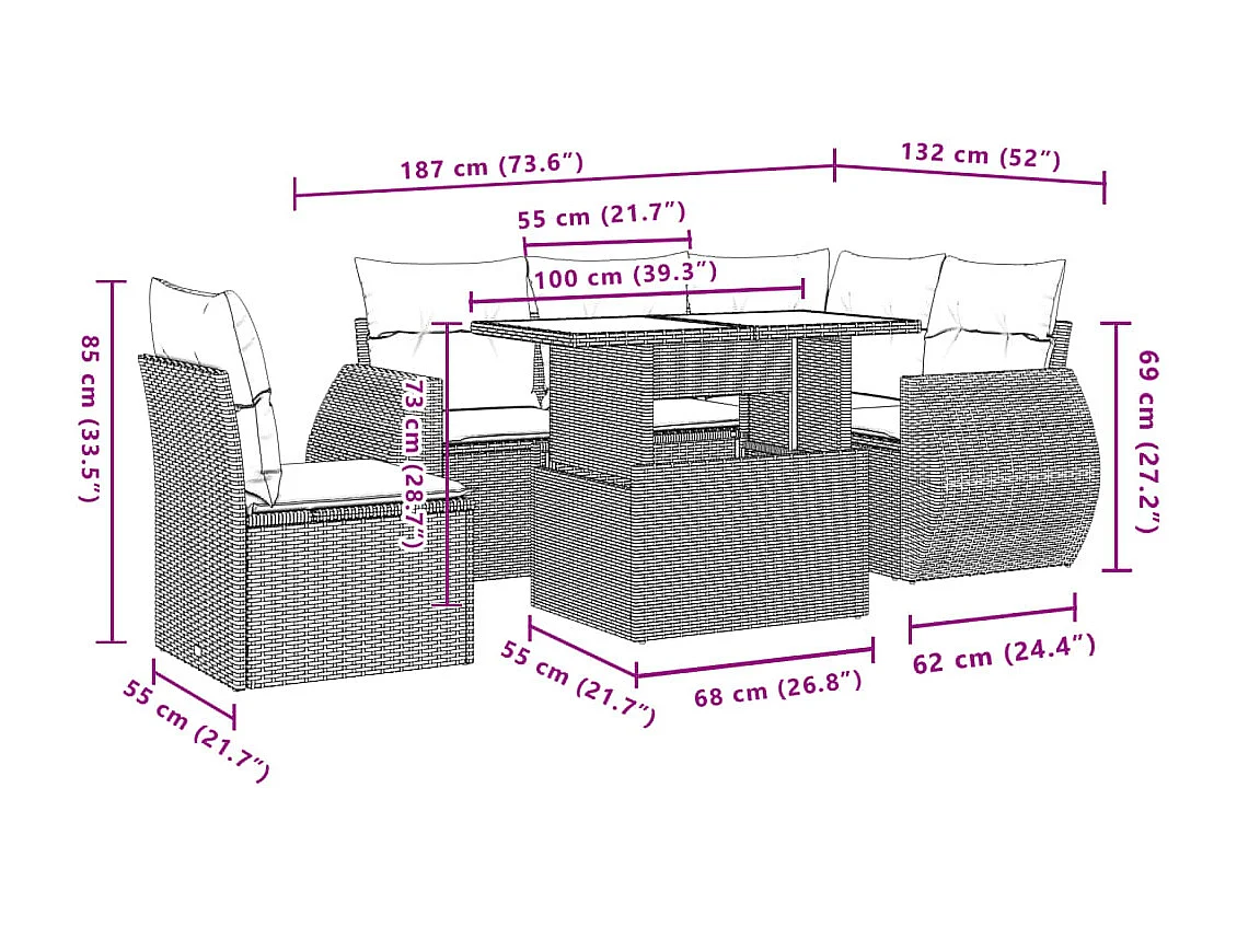 Set Divano da Giardino 6 pz con Cuscini Nero in Polyrattan
