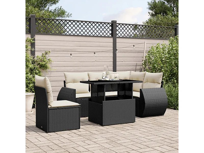 Salon de jardin 6 pcs avec coussins noir résine tressée