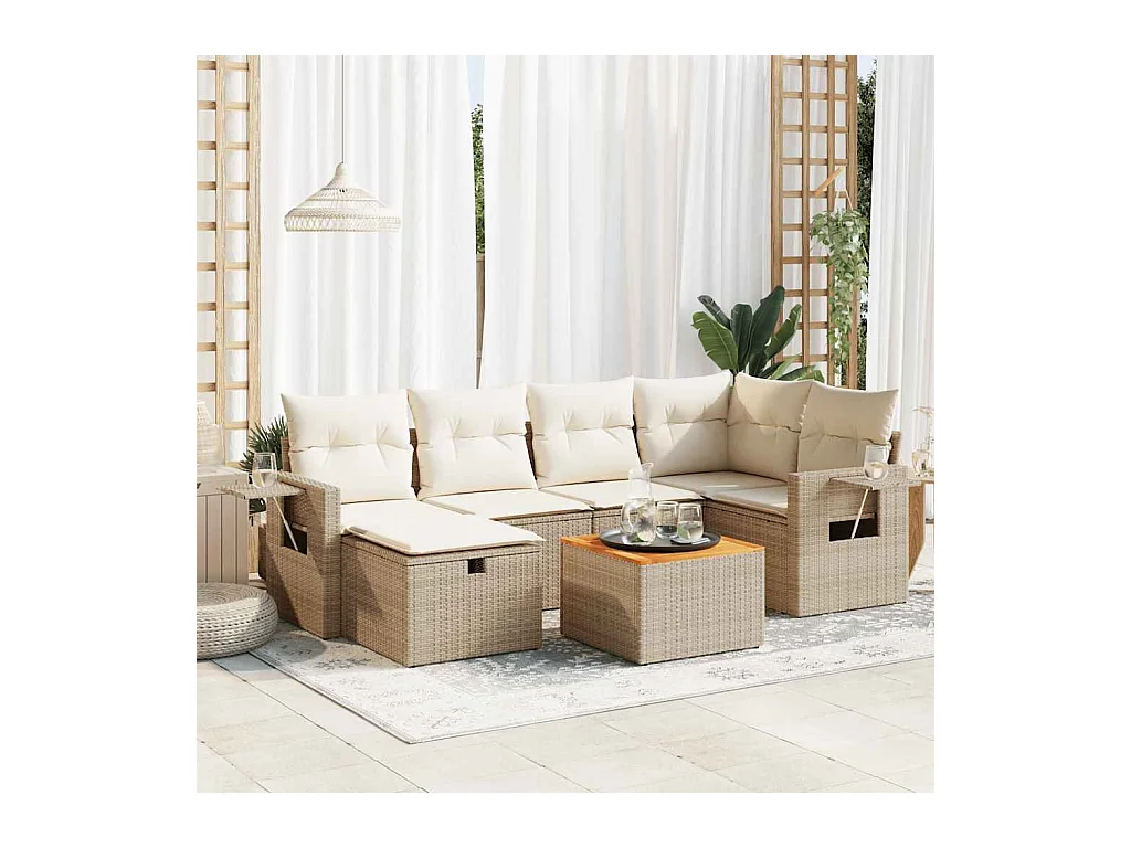 7-delige Loungeset met kussens poly rattan beige
