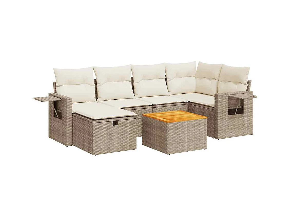 7-delige Loungeset met kussens poly rattan beige