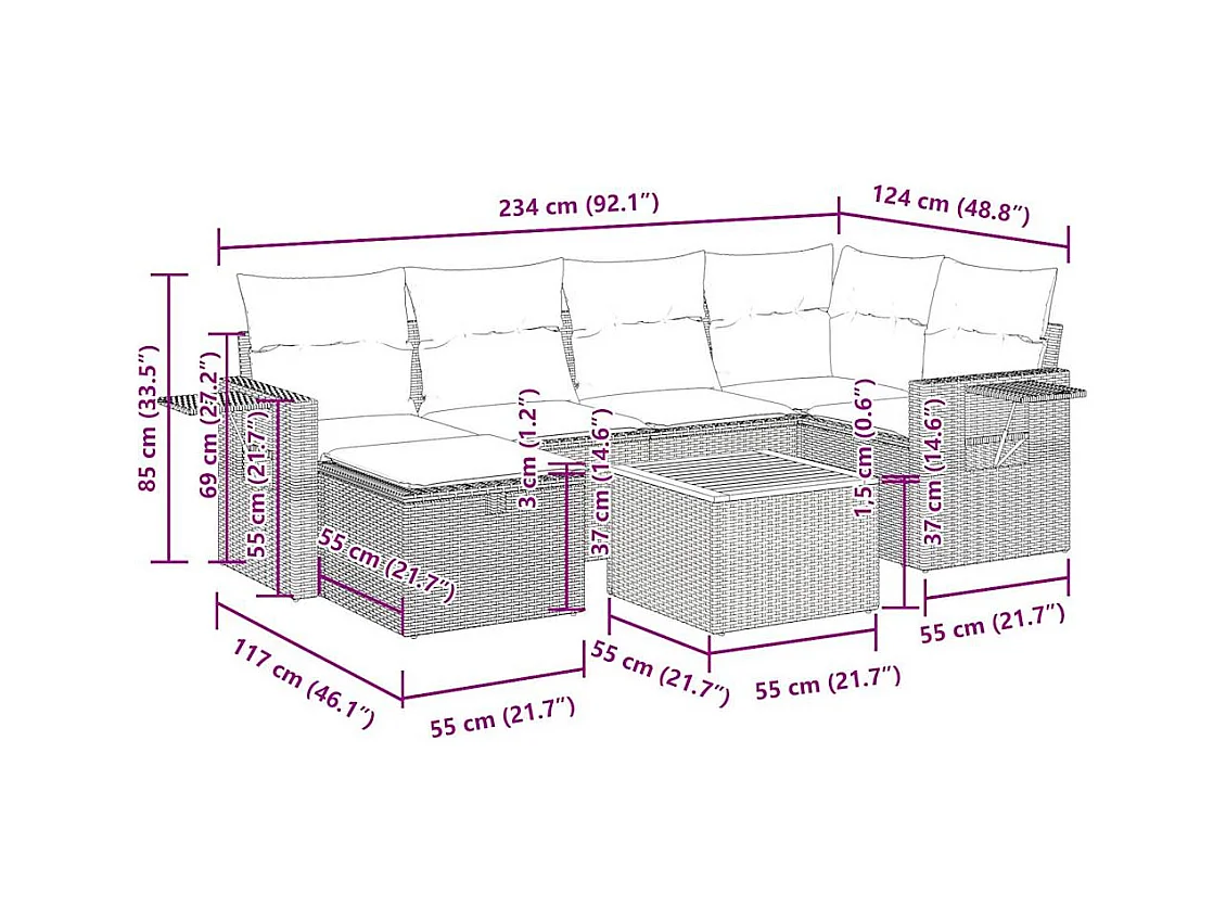 7-delige Loungeset met kussens poly rattan beige