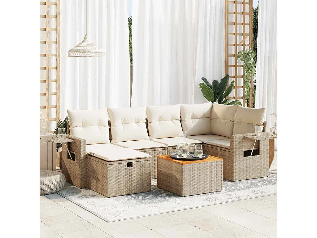 Salon de jardin avec coussins 7 pcs beige résine tressée