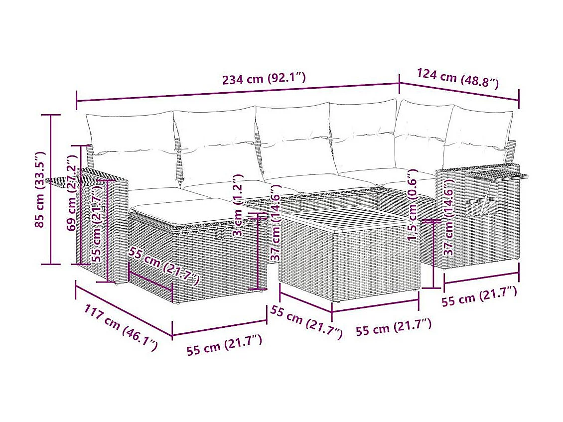 Salon de jardin avec coussins 7 pcs beige résine tressée