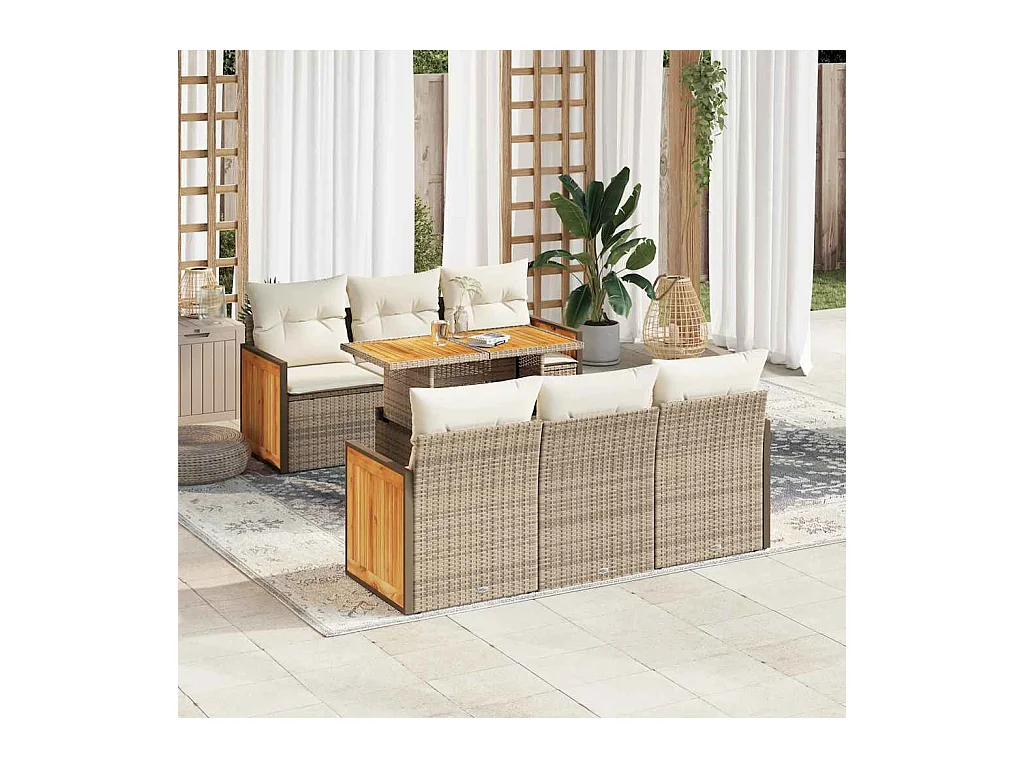 7-delige Loungeset met kussens poly rattan acacia beige