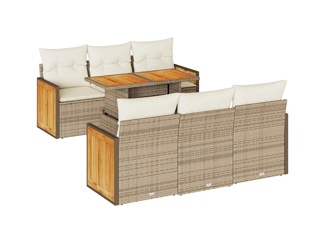 7-delige Loungeset met kussens poly rattan acacia beige