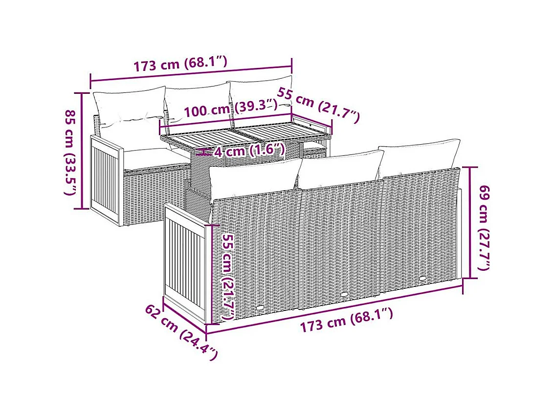 7-delige Loungeset met kussens poly rattan acacia beige