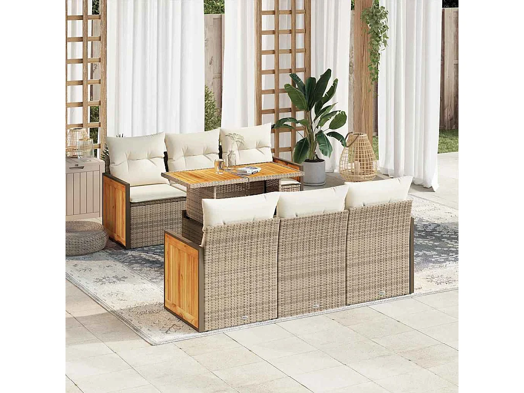 Salon de jardin avec coussins 7 pcs beige résine tressée acacia