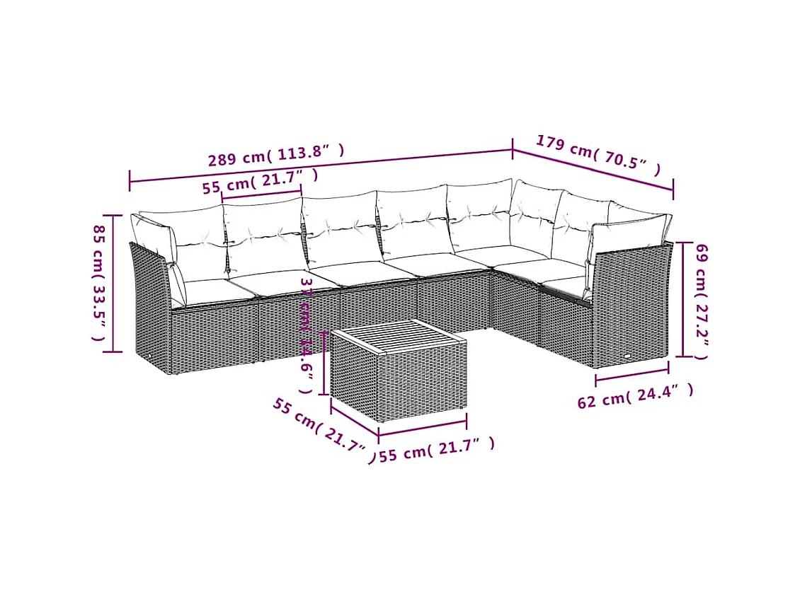 Salon de jardin 8 pcs avec coussins gris résine tressée