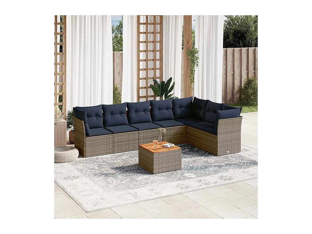 Salon de jardin 8 pcs avec coussins gris résine tressée
