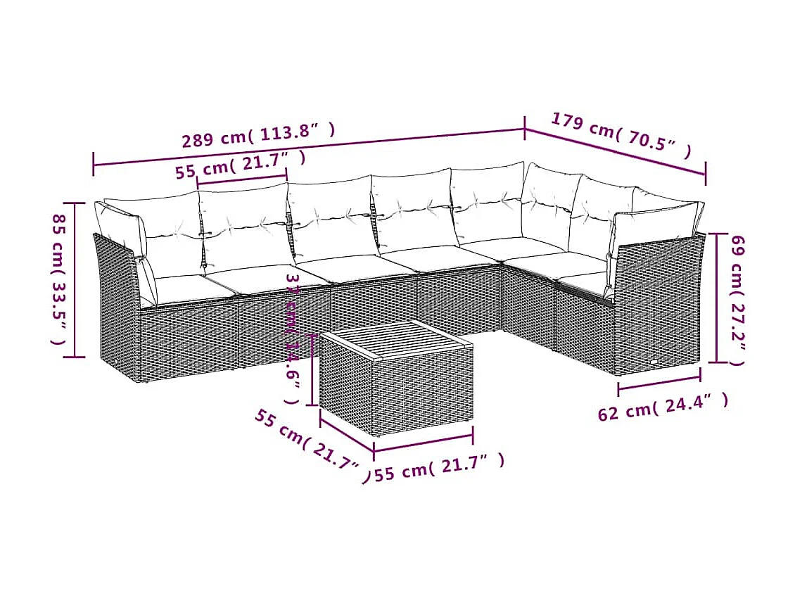 Salon de jardin 8 pcs avec coussins gris résine tressée