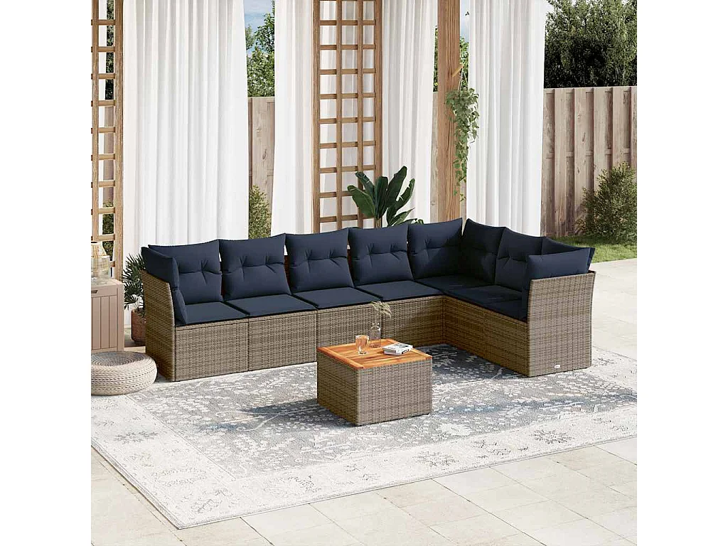 8 pcs conjunto sofás p/ jardim c/ almofadões vime PE cinzento