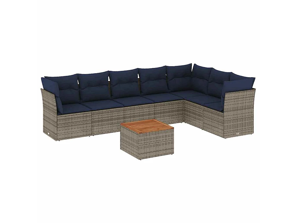 8 pcs conjunto sofás p/ jardim c/ almofadões vime PE cinzento