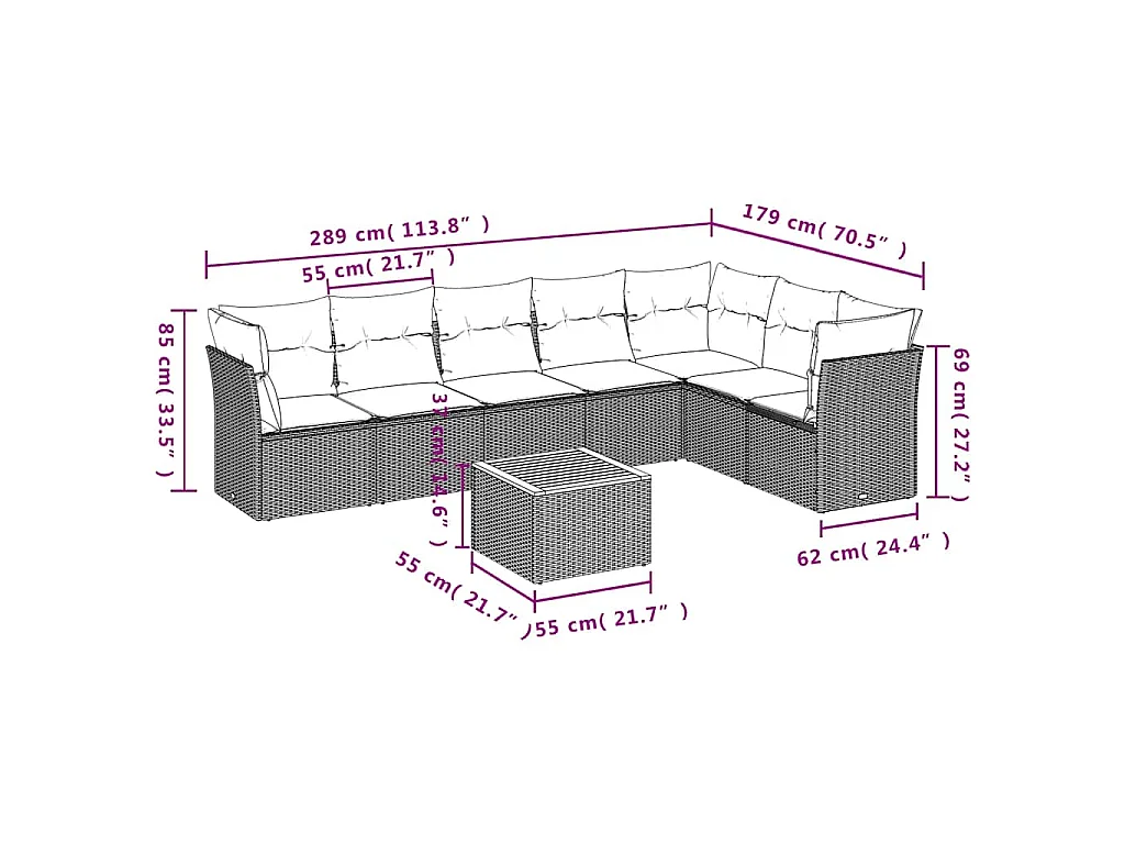 8 pcs conjunto sofás p/ jardim c/ almofadões vime PE cinzento