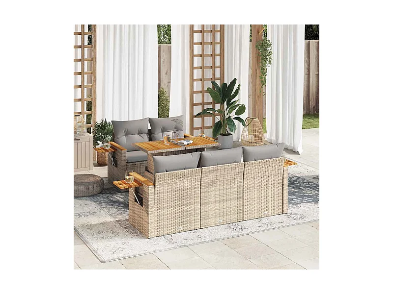 6-tlg. Garten-Sofagarnitur mit Kissen Beige Poly Rattan Akazie