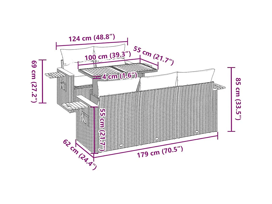 Salon de jardin 6 pcs avec coussins beige résine tressée acacia