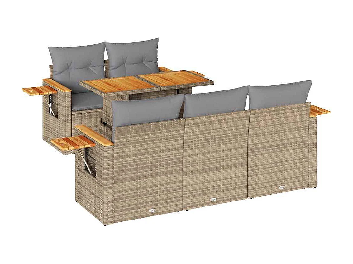 6-tlg. Garten-Sofagarnitur mit Kissen Beige Poly Rattan Akazie