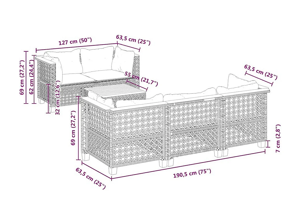 6-tlg. Garten-Sofagarnitur mit Kissen Beige Poly Rattan