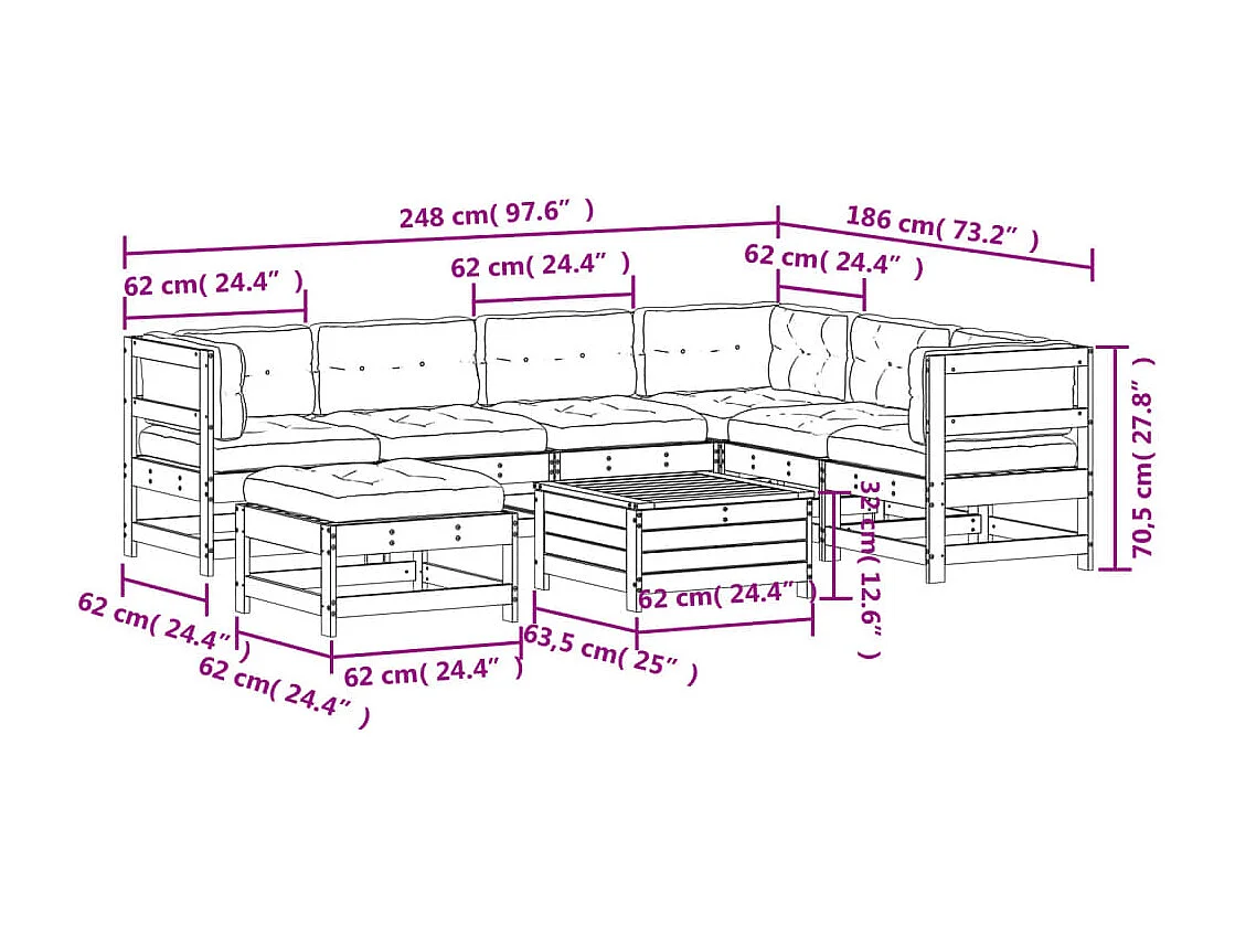 8 pcs conj. lounge jardim c/ almofadões madeira douglas maciça