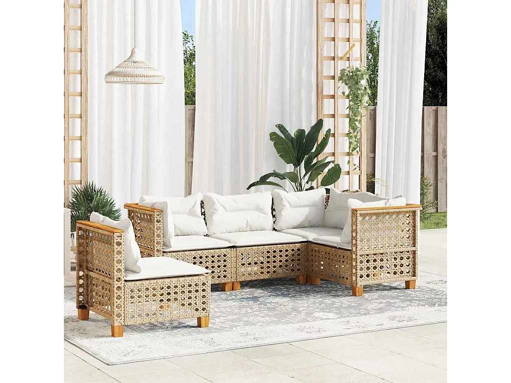 Set Divano da Giardino 5 pz con Cuscini Beige in Polyrattan