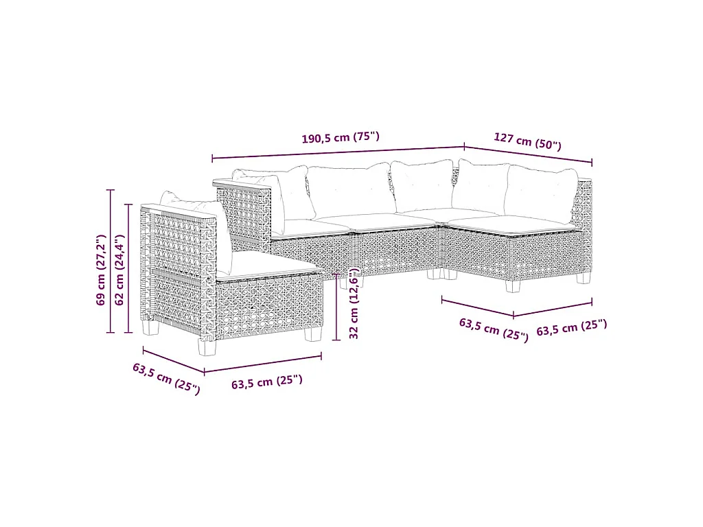 Set Divano da Giardino 5 pz con Cuscini Beige in Polyrattan