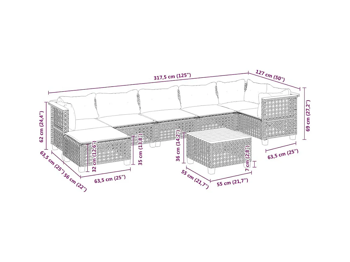 Salon de jardin avec coussins 8 pcs beige résine tressée