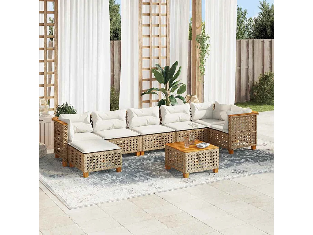 Salon de jardin avec coussins 8 pcs beige résine tressée