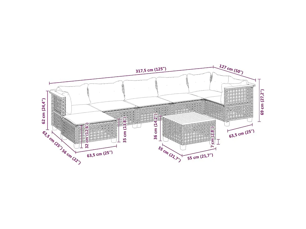 Salon de jardin avec coussins 8 pcs beige résine tressée