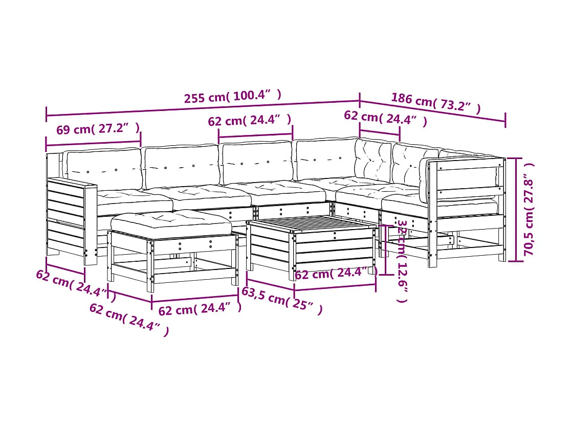 8 pcs conjunto lounge de jardim c/ almofadões pinho impregnado