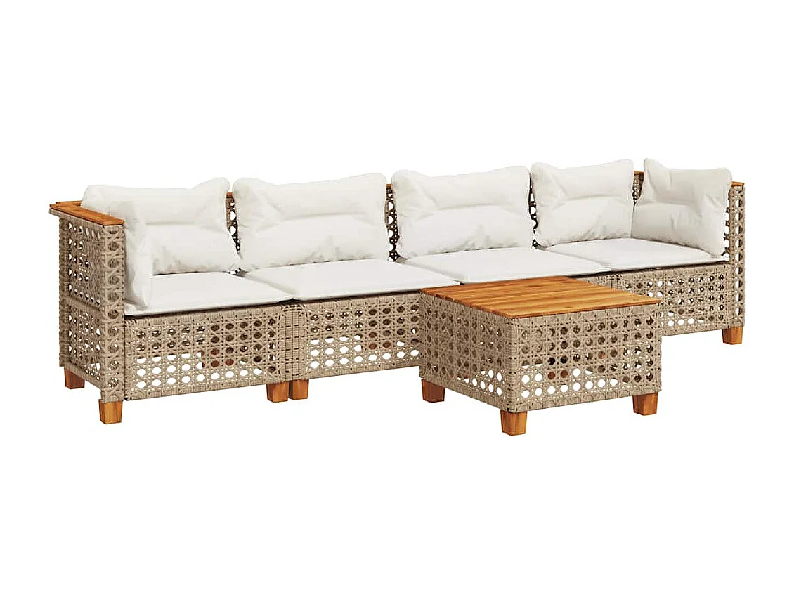5-tlg. Garten-Sofagarnitur mit Kissen Beige Poly Rattan