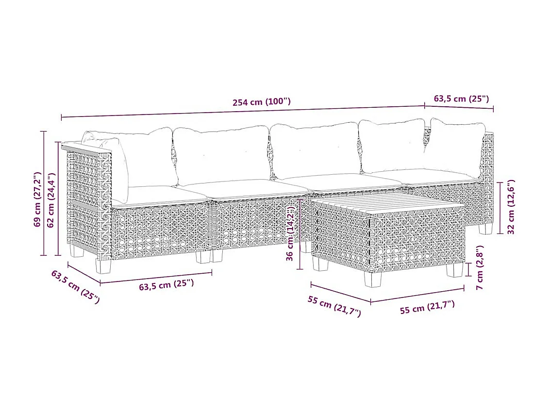 5-tlg. Garten-Sofagarnitur mit Kissen Beige Poly Rattan