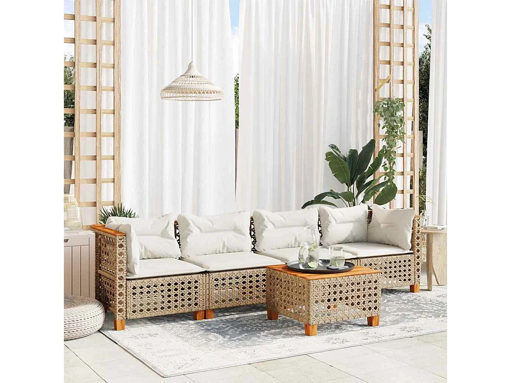 5-delige Loungeset met kussens poly rattan beige