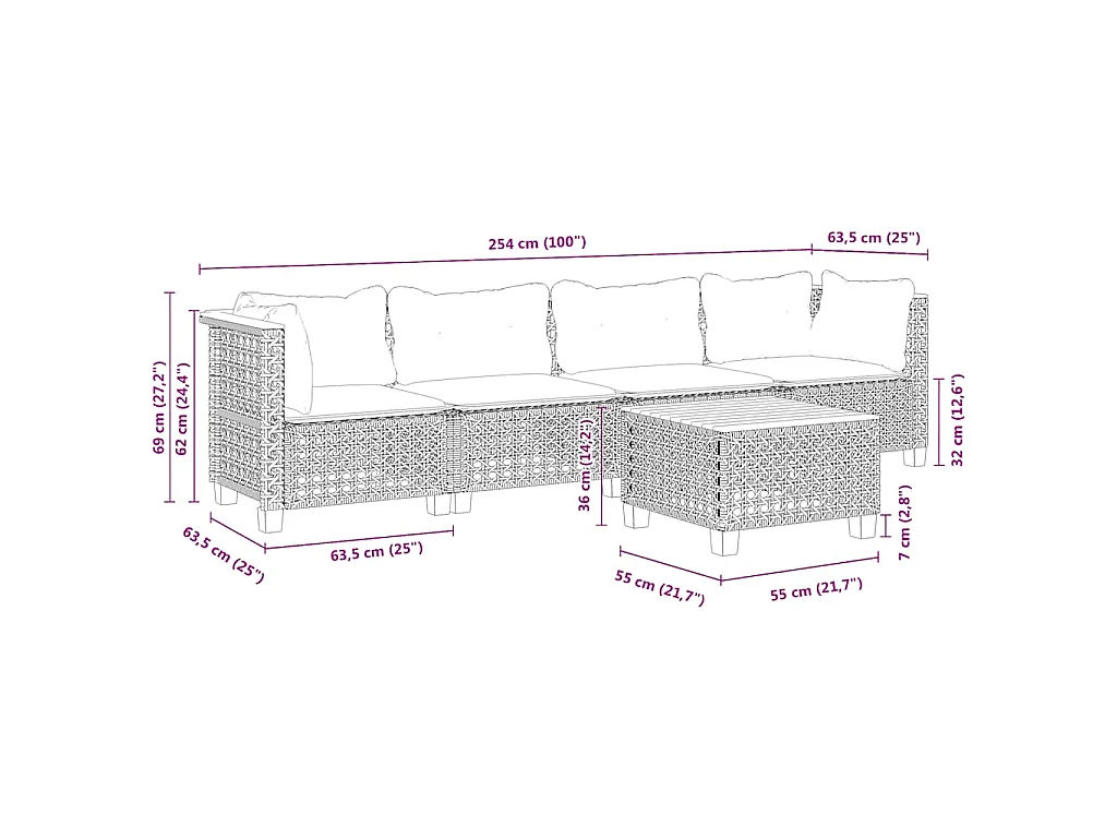 5-delige Loungeset met kussens poly rattan beige