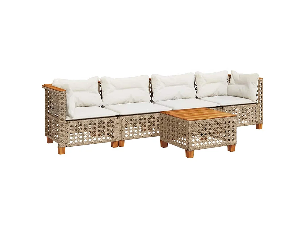 5-delige Loungeset met kussens poly rattan beige