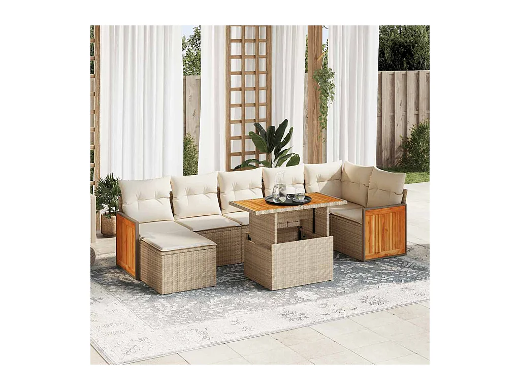 Salon de jardin avec coussins 8 pcs beige résine tressée acacia