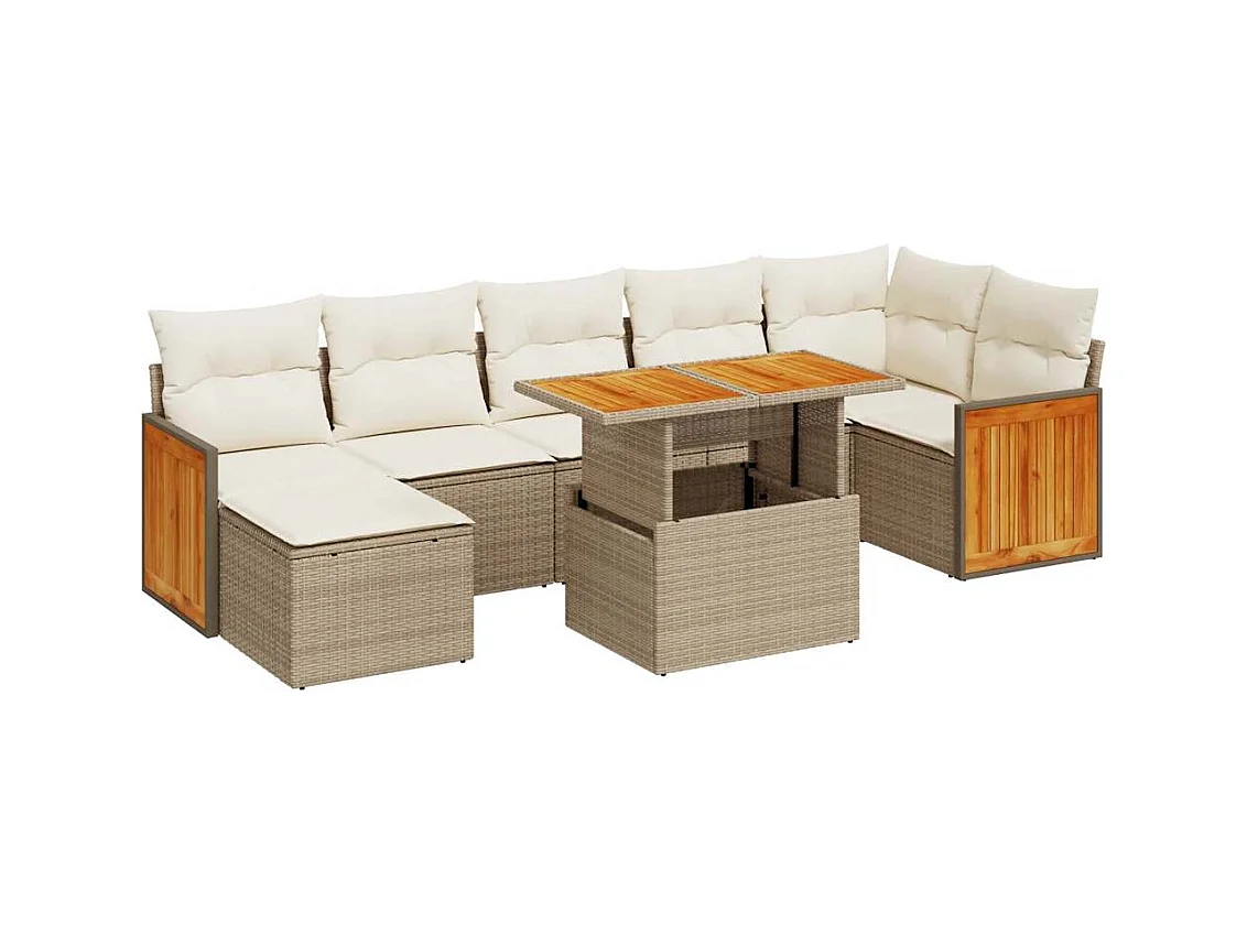 Salon de jardin avec coussins 8 pcs beige résine tressée acacia