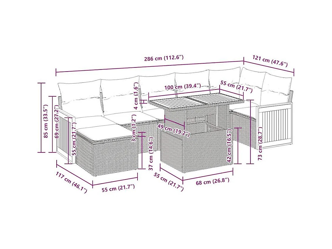Salon de jardin avec coussins 8 pcs beige résine tressée acacia