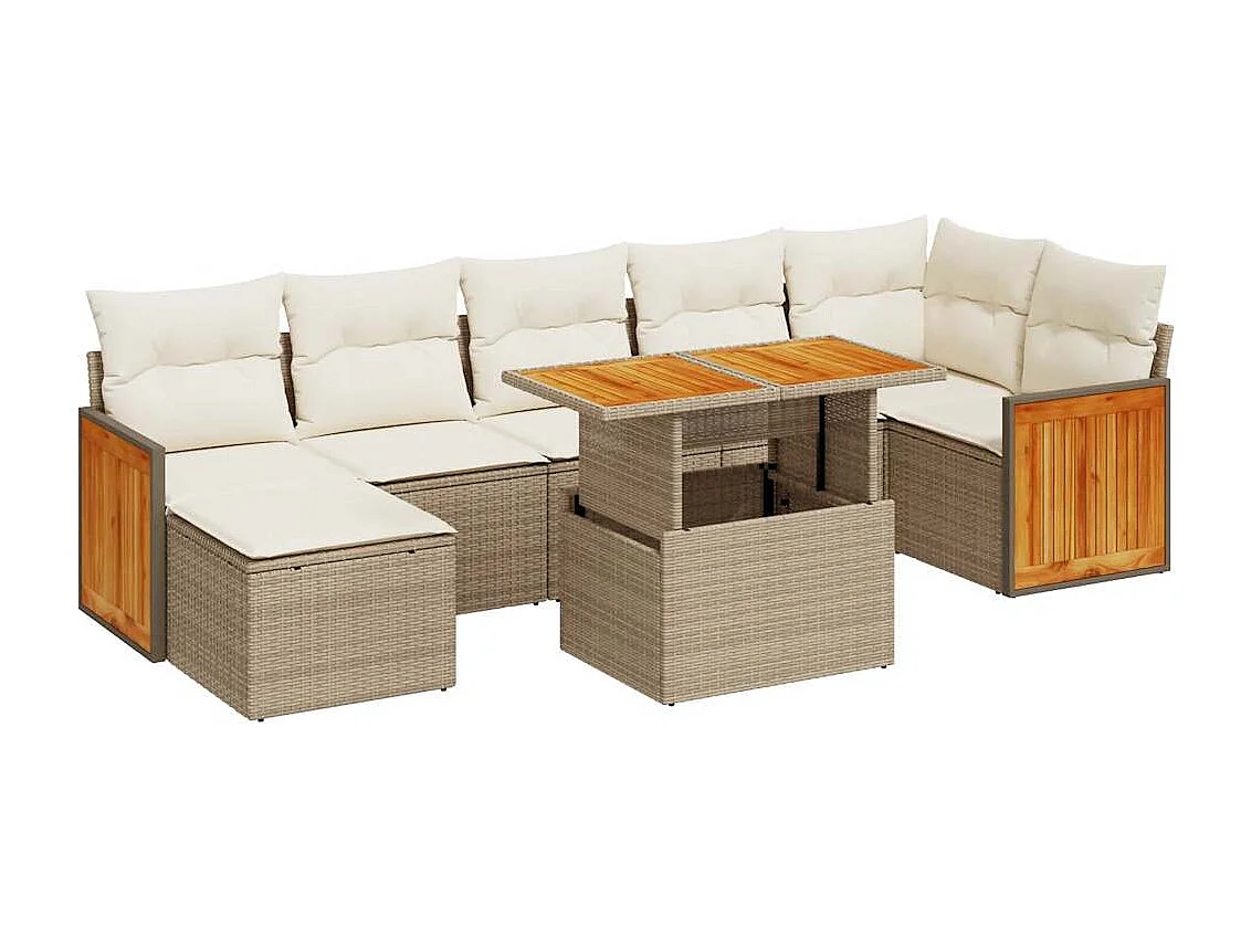 Salon de jardin avec coussins 8 pcs beige résine tressée acacia