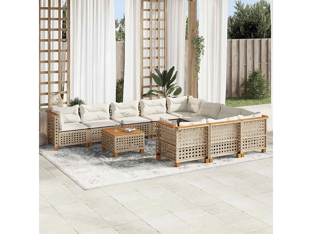 11-tlg. Garten-Sofagarnitur mit Kissen Beige Poly Rattan