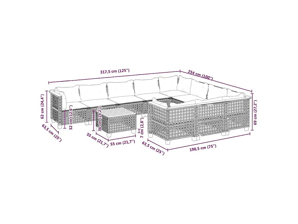 11-delige Tuinset met kussens poly rattan beige