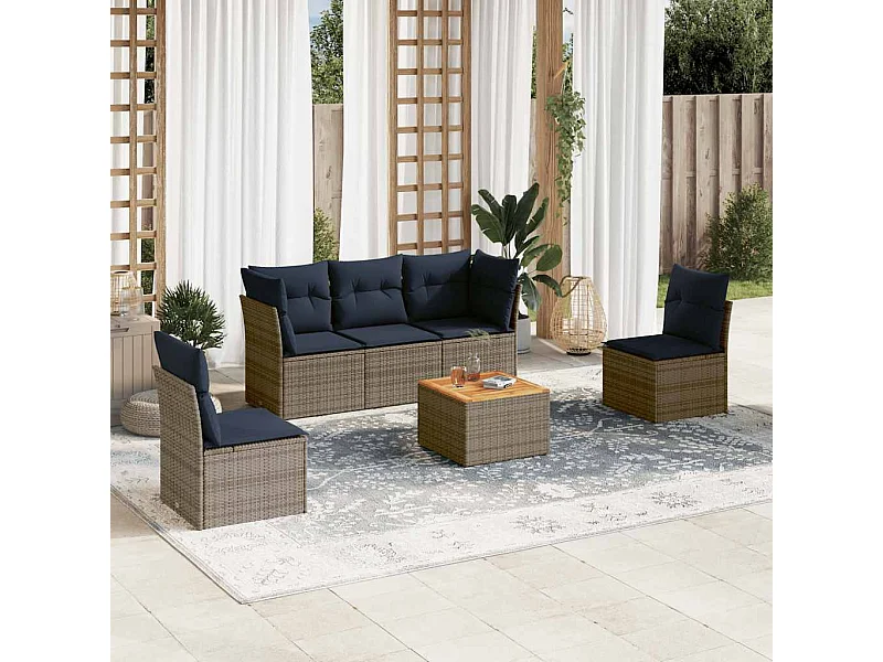 6-tlg. Garten-Sofagarnitur mit Kissen Grau Poly Rattan