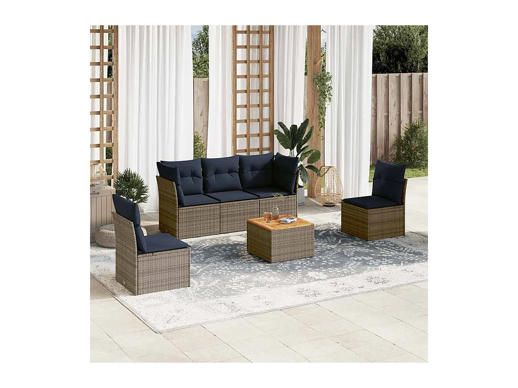 6 pcs conjunto sofás p/ jardim c/ almofadões vime PE cinzento