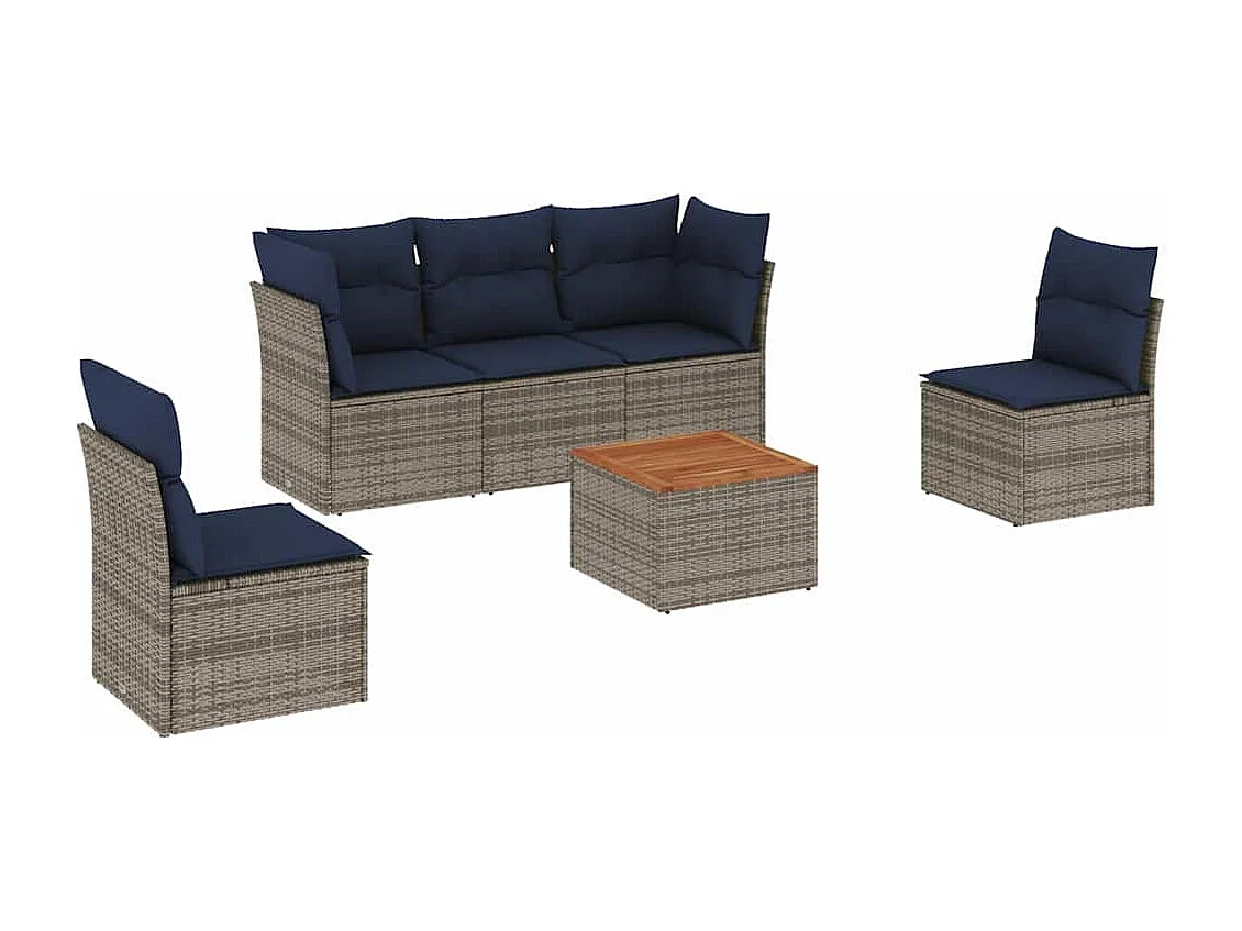 6-delige Loungeset met kussens poly rattan grijs