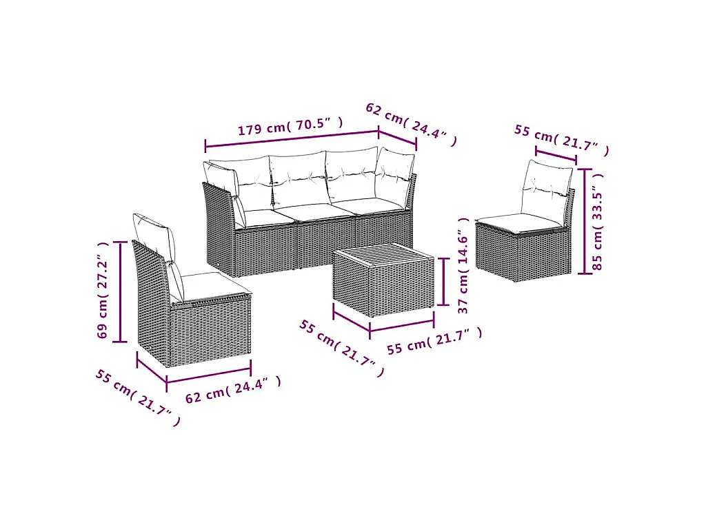 Set Divani da Giardino 6 pz con Cuscini Grigio in Polyrattan