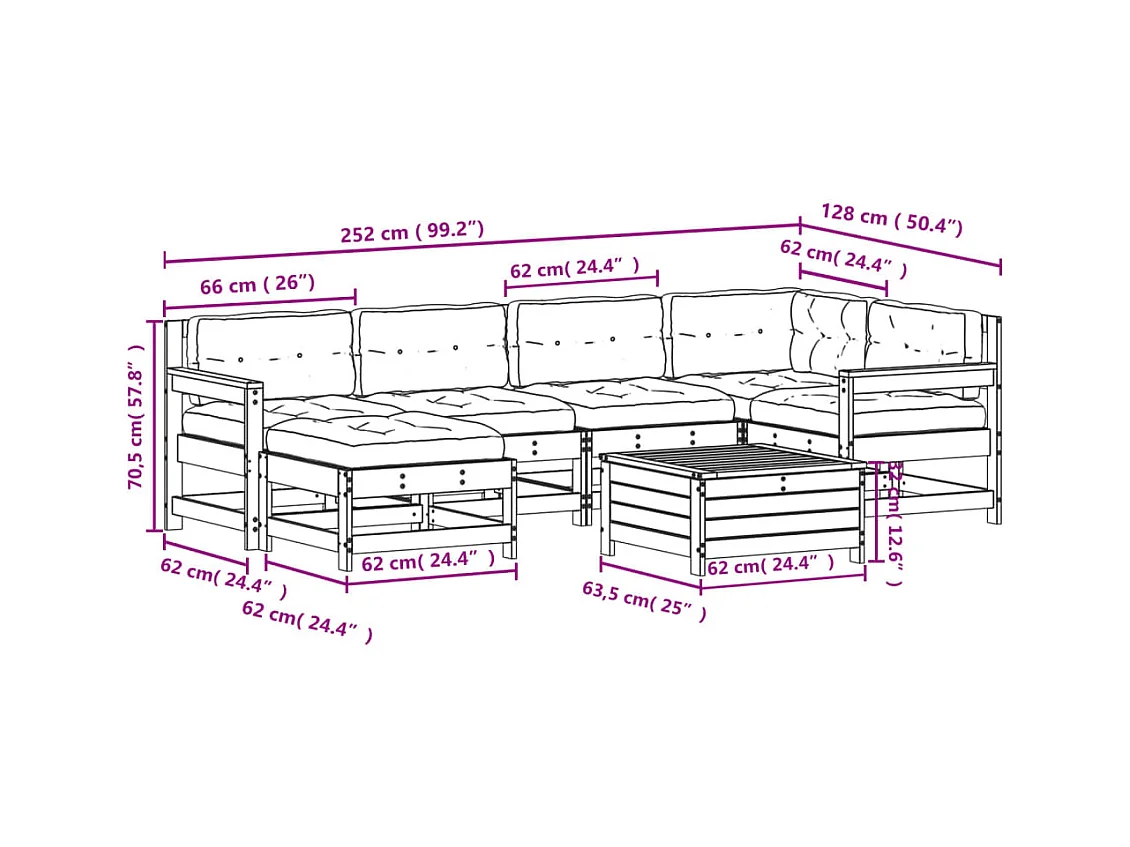 Salon de jardin 7 pcs avec coussins bois de pin imprégné