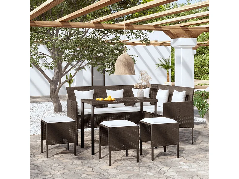 Set de sofás forma de L 5 pzas cojines ratán sintético marrón